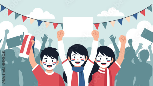 Enthusiastic fans cheering at a sports event with banners and painted faces