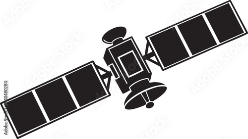 Black satellite icon with solar panels on transparent background