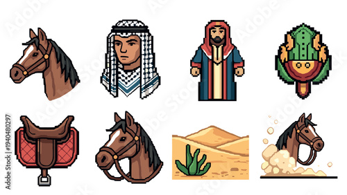 Retro pixel art: arabian desert adventure with horses and traditional attire