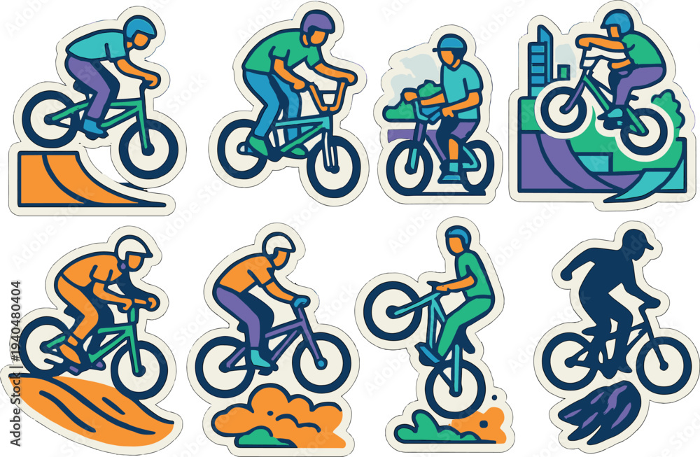 Fototapeta premium Colorful stickers of bmx cyclists performing stunts and tricks in urban settings
