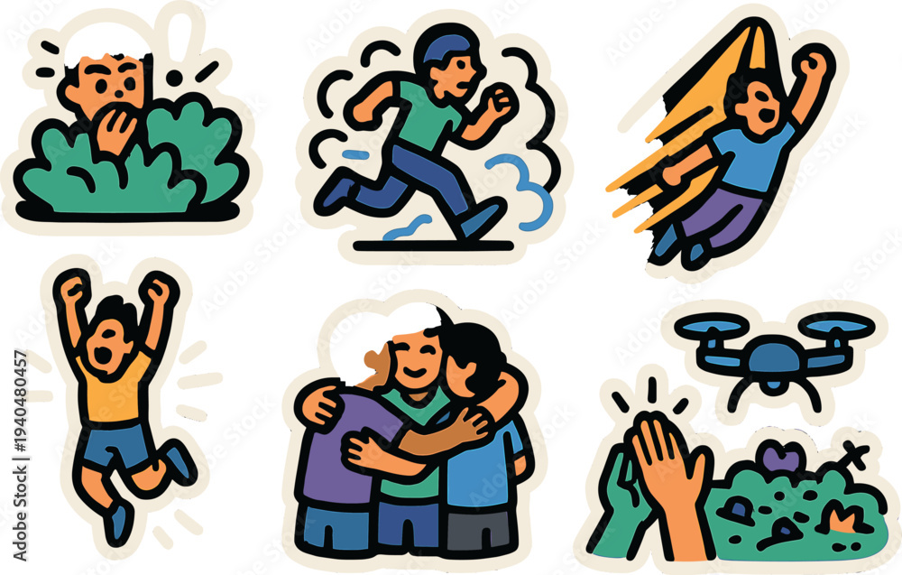 Naklejka premium Vibrant cartoon style sticker set featuring expressive characters and dynamic scenes