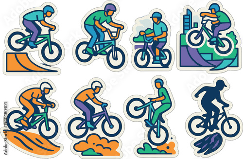 Colorful stickers of bmx cyclists performing stunts and tricks in urban settings