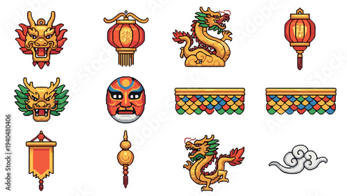Pixel art chinese dragon and lantern icons with traditional elements