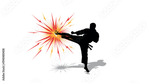 Dynamic martial arts silhouette with explosive action impact