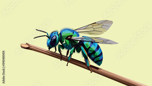 Colorful geometric bee on branch: modern low poly wildlife art