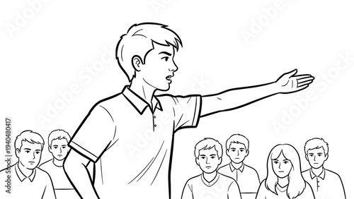 Confident young speaker addressing audience in linear style