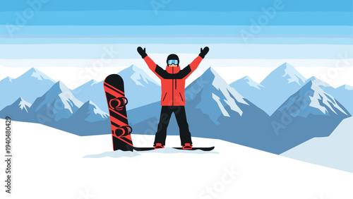 Celebrating on snowy mountain: snowboarder with raised arms in alpine landscape