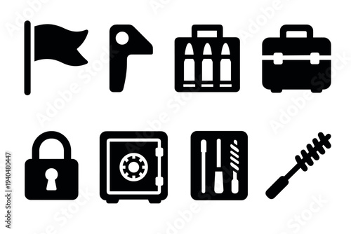 Security and tools icons: flat black set for safety and locksmith services