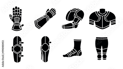 Medieval armor silhouette set: detailed glove, arm, shoulder, knee, leg guards