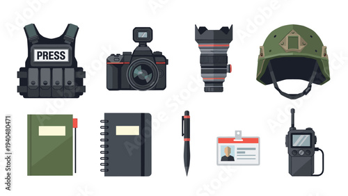 Journalism tools and equipment set in flat style featuring cameras and safety gear