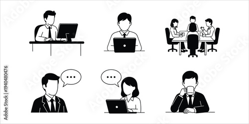 Office workers engaged in various computer and communication activities
