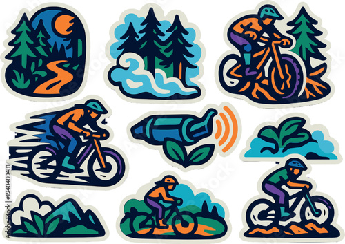 Colorful outdoor adventure stickers featuring cyclists and nature scenes