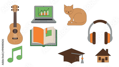 Flat design icons: music, education, technology, pet, and home essentials