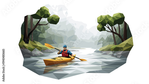 Low poly kayaking adventure in tranquil forest river with misty background