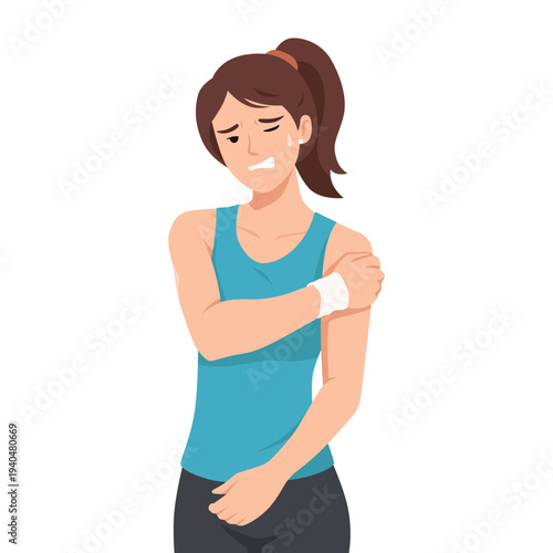 Young Woman Holding Painful Shoulder Injury After Workout. Flat vector illustration isolated on white background