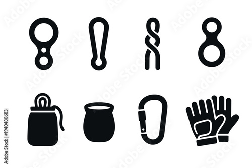 Essential climbing gear icons: minimalist black silhouettes for outdoor enthusiasts