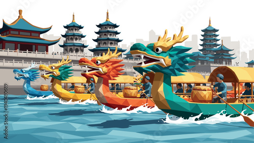 Colorful geometric dragon boat race scene with traditional pagodas