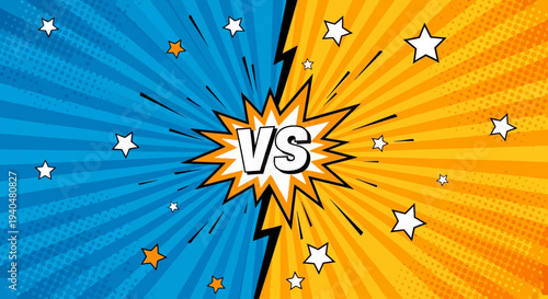 Vibrant Comic Style Illustration of Versus Symbol with Stars and Rays in Bright Blue and Orange Hues from a Direct Viewpoint