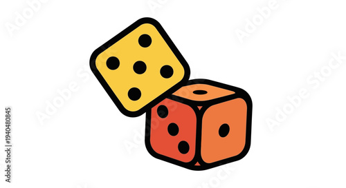 Two colorful dice leaning against each other in a simple illustration style