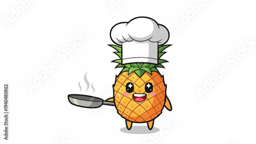 Cartoon illustration of a cheerful anthropomorphic pineapple wearing a chef's hat and holding a frying pan with steam rising from it against a clean white background.