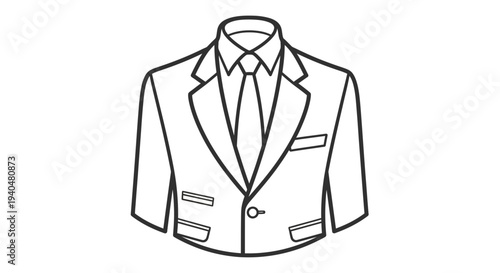 A simple line drawing of a business suit jacket with a tie on a plain background from a front viewpoint.