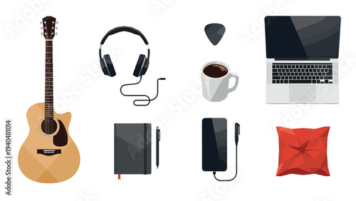 Modern musician essentials: acoustic guitar, tech gadgets, coffee, and office supplies in flat style