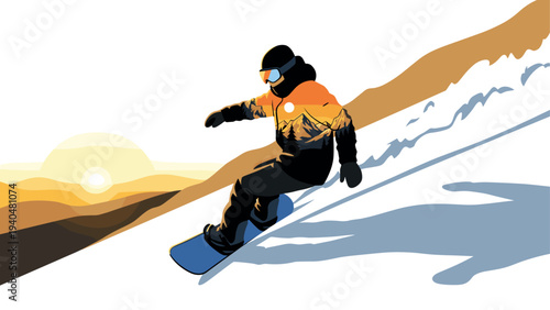Snowboarder carving downhill at sunrise in minimalist style