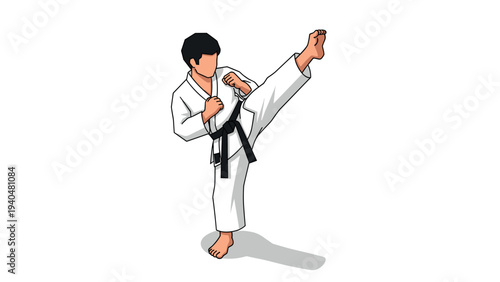 Karate practitioner in black belt performing high kick in minimalist art style
