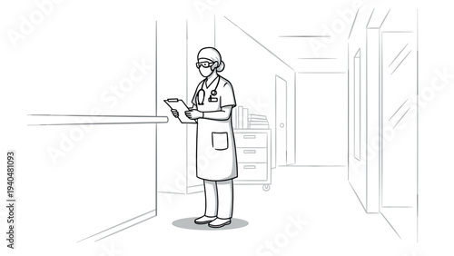 Healthcare professional standing in hospital corridor reviewing patient notes