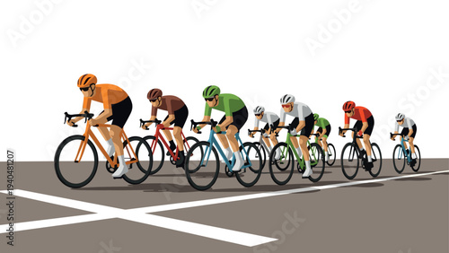 Colorful cyclists racing in flat design on urban roadway