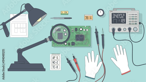 Electronics laboratory tools and circuit board design workspace