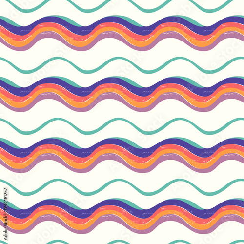 Groovy seamless pattern with bright ocean waves and texture. Retro summer concept. Vintage style background.