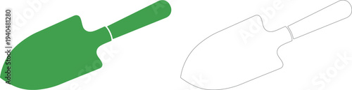 Black silhouette and green filled garden trowel on white background