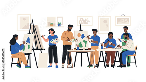 Creative art workshop with diverse group painting on easels in a studio