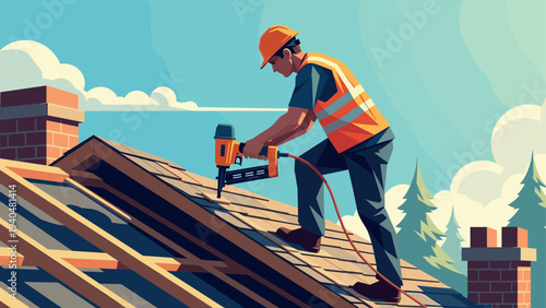 Roofer working on a roof with a nail gun in a sunny sky scene