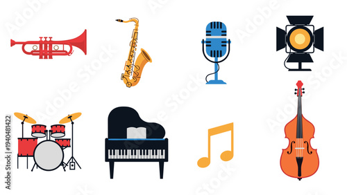 Colorful icons of musical instruments and elements for creative designs