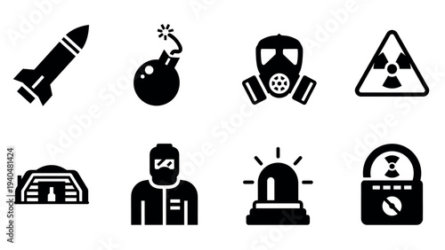 Military and hazard icons set: silhouette emergency symbols for defense and safety