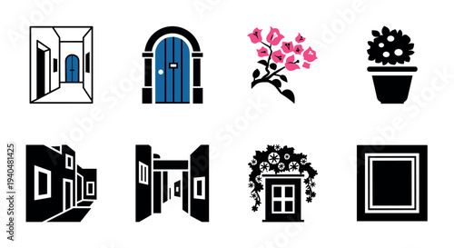Minimalist architectural icons featuring doors, flowers, and frames