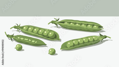 Fresh green peas in pods on light background with simple minimalist style