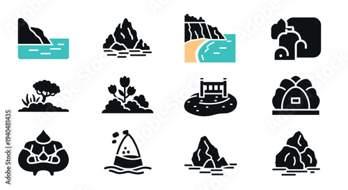 Minimalist geometric symbols of nature and landmarks in solid style