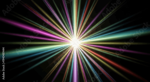 Vibrant multicolored light rays radiating from a central point in a dark environment viewed from a straight-on perspective