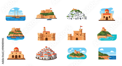 Mediterranean coastal architecture icons in flat design