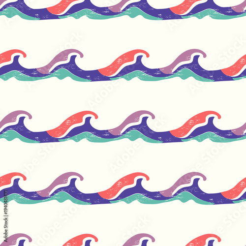 Groovy seamless pattern with colorful ocean waves and texture. Retro summer concept. Vintage style background.
