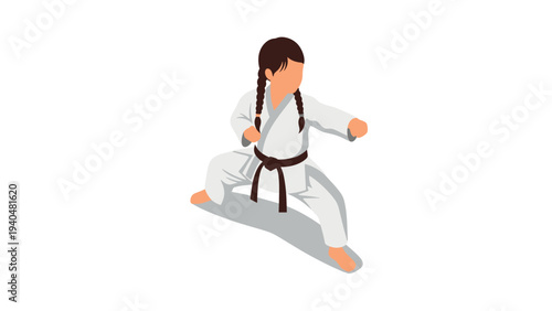 Girl in karate pose wearing white gi and brown belt in isometric design