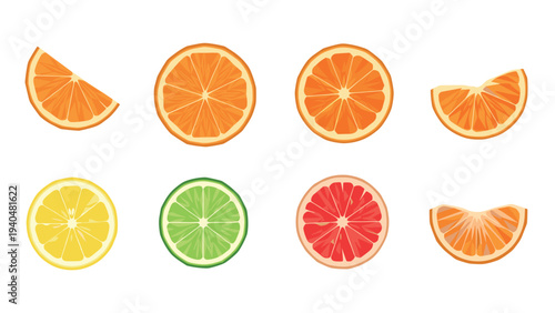 Colorful citrus fruit slices in flat style: orange, lemon, lime, grapefruit