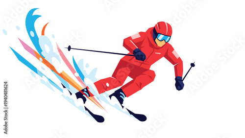 Dynamic flat style skier racing downhill with vibrant energy and snow trails