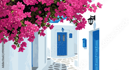 Charming mediterranean alleyway with vibrant pink bougainvillea and blue doors