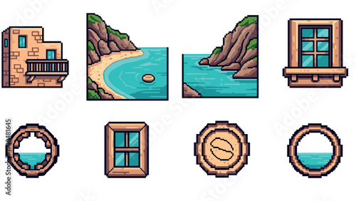 Pixel art beach paradise with coastal scenes and nautical windows