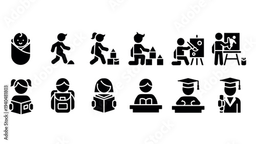 Growth stages: child development icons from infancy to graduation
