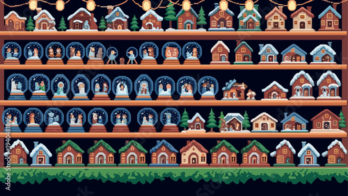 Festive snow globe and christmas village scene in pixel art style with string lights
